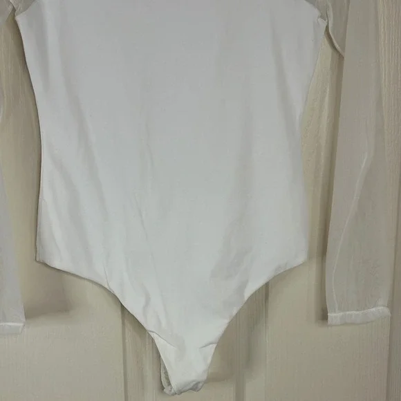 White Bodysuit Sheer Mesh Long Sleeve Mock Neck Top Womens size small - Picture 4 of 12